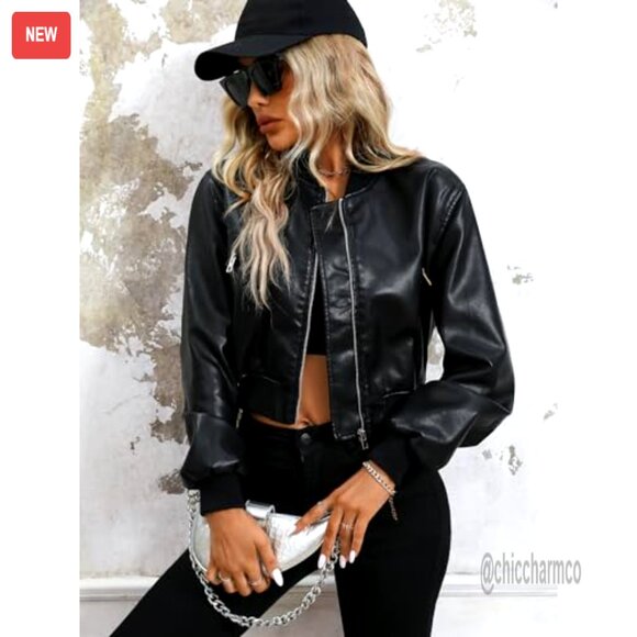 Faux Leather Varsity Bomber Jacket, Biker Style, Zipper Closure, Side Pockets - Picture 3 of 6